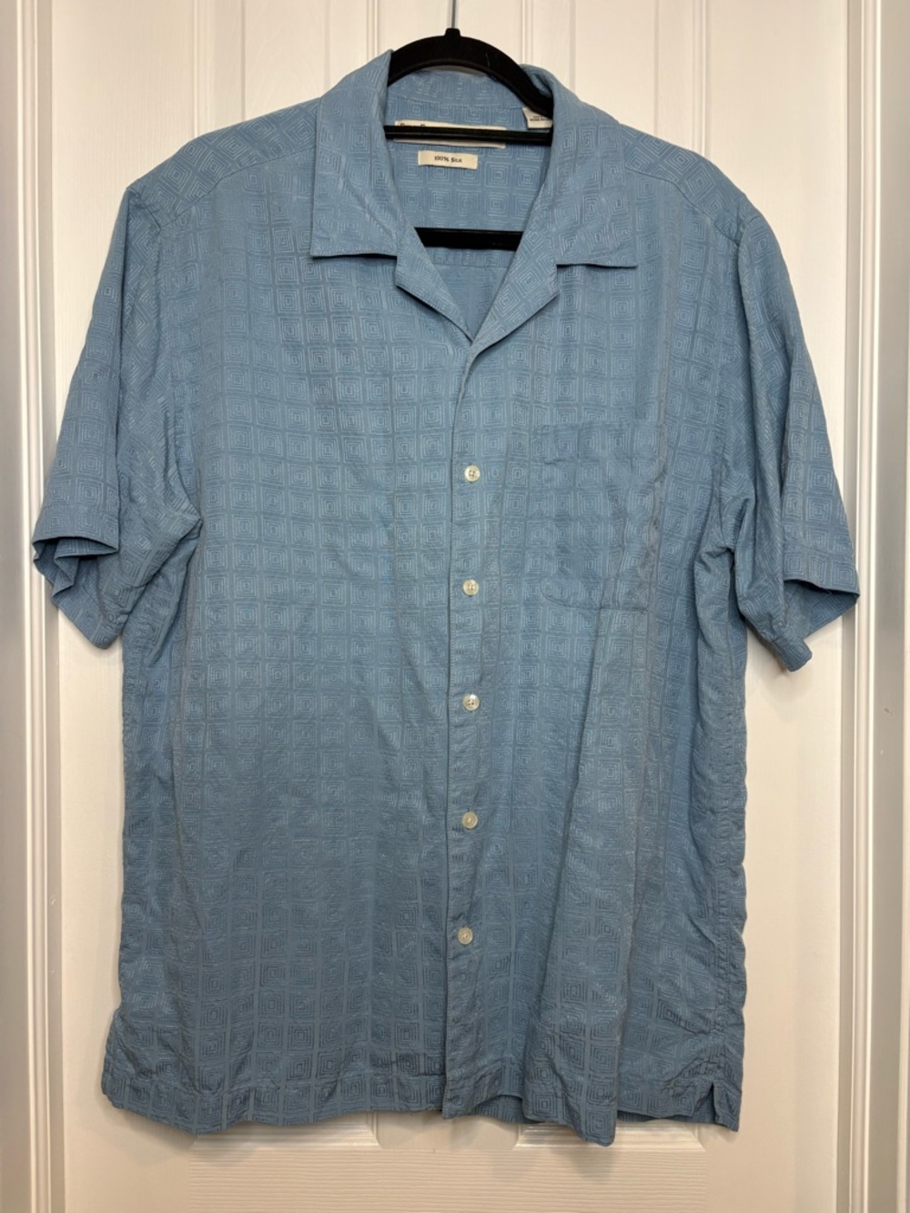 Perry Ellis Ligh Blue 100% Silk Button Down Short Sleeve Shirt Geometric Size L